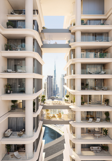 Waterfront Grand apartments in connected towers in Vela Viento by Omniyat in Business Bay with Burj Khalifa view.