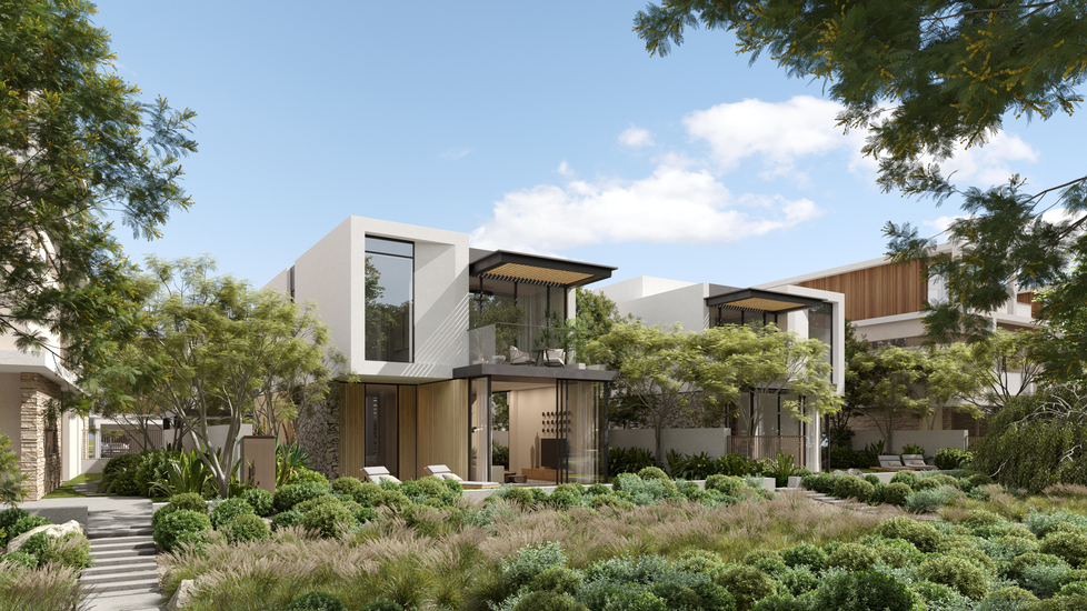 Marvelous Villas in The Acres project by Meraas Development in Dubailand with a Stunning pool and courtyard.