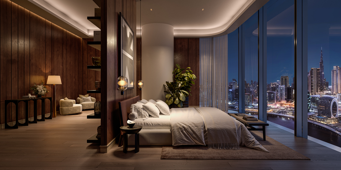 Waterfront Grand apartments in connected towers in Vela Viento by Omniyat in Business Bay with Burj Khalifa view.