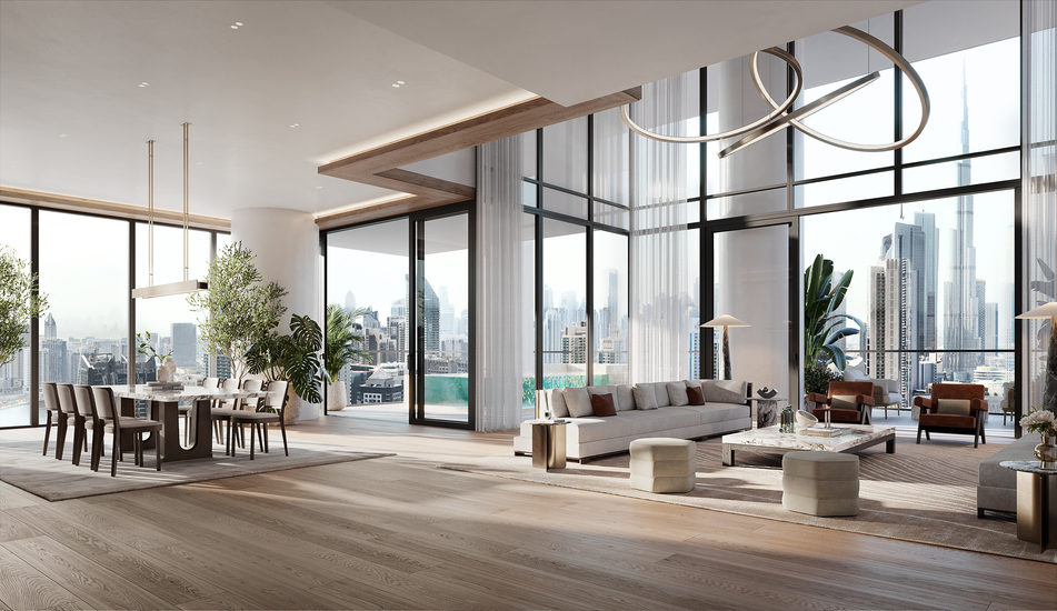 Waterfront Grand apartments in connected towers in Vela Viento by Omniyat in Business Bay with Burj Khalifa view.