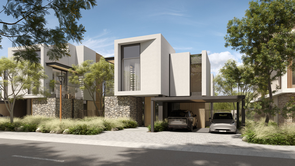 Marvelous Villas in The Acres project by Meraas Development in Dubailand with a Stunning pool and courtyard.