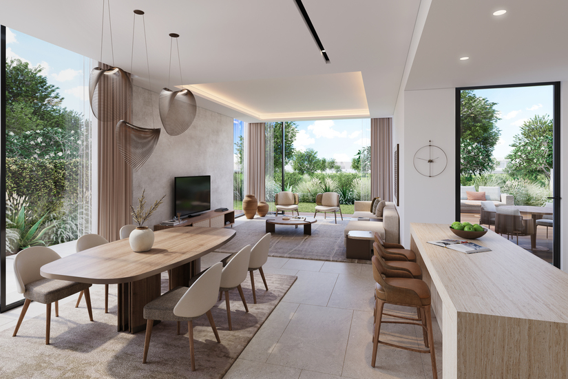 Marvelous Villas in The Acres project by Meraas Development in Dubailand with a Stunning pool and courtyard.