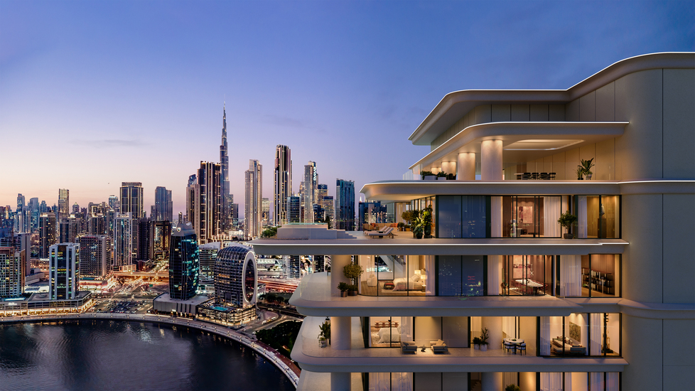 Waterfront Grand apartments in connected towers in Vela Viento by Omniyat in Business Bay with Burj Khalifa view.