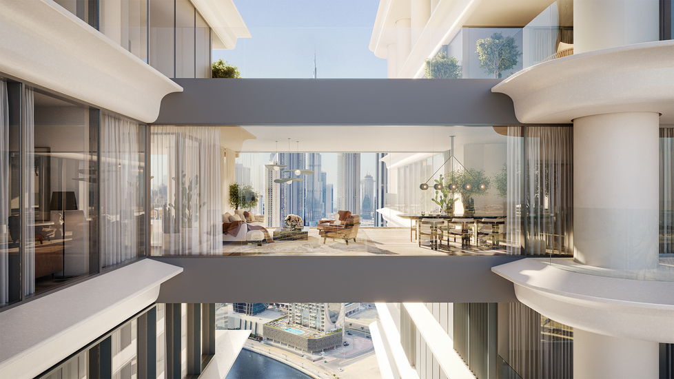 Waterfront Grand apartments in connected towers in Vela Viento by Omniyat in Business Bay with Burj Khalifa view.