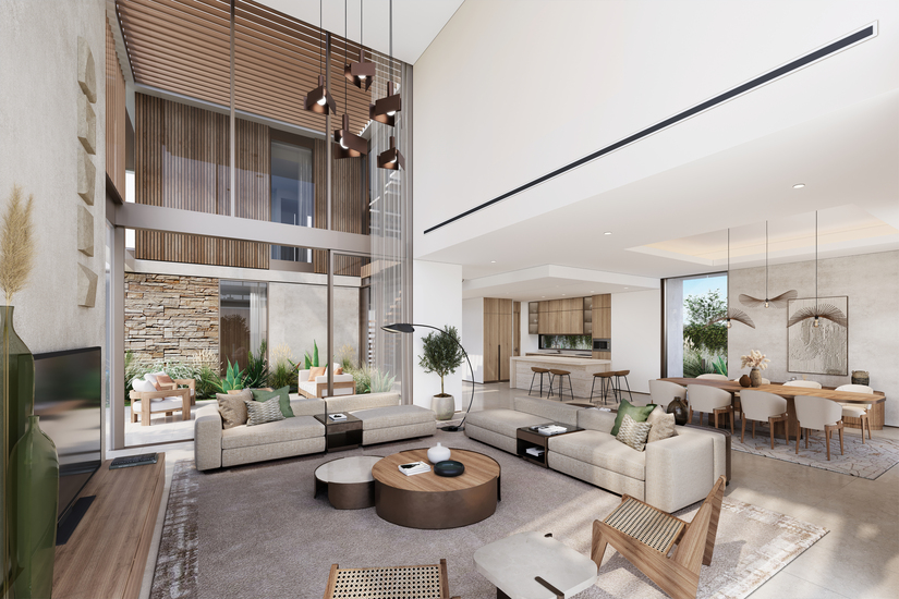 Marvelous Villas in The Acres project by Meraas Development in Dubailand with a Stunning pool and courtyard.